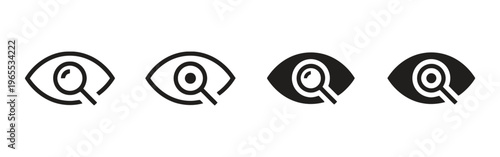 A set of four minimalist black icons depicting a magnifying glass superimposed over an human eye isolated on white background, Vector, illustration