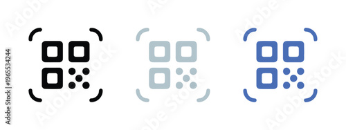 A set of three minimalist qr code scanning icons rendered in black grey and blue color variants isolated on white background, Vector, illustration