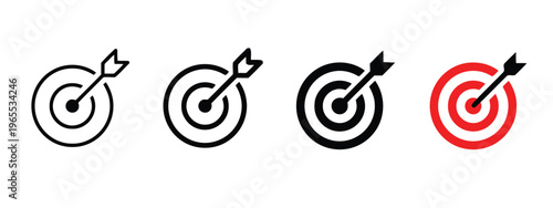 A set of four target icons showing arrows hitting the bullseye in different styles and formats isolated on white background, Vector, illustration
