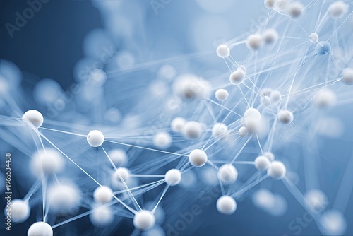 3D rendered abstract network of connected white spheres on a blue background