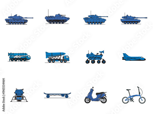 collection of blue military and civilian vehicles in flat design illustration