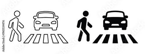 Black and white icons depicting a pedestrian crossing the road in front of an approaching vehicle isolated on white background, Vector, illustration