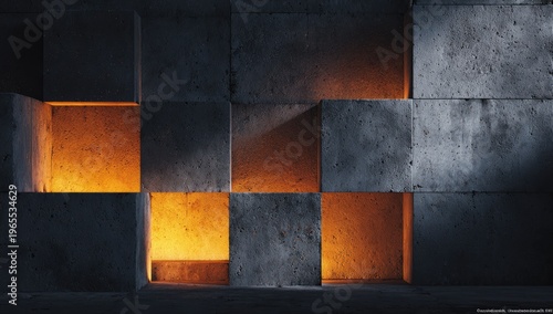 Geometric concrete wall with illuminated orange openings creating a visually intriguing display