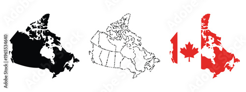 Three different artistic representations of the canadian map displayed in a horizontal sequence. isolated on white background, Vector, illustration