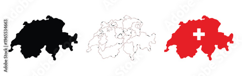 Three distinct visual representations of the swiss confederation map on a clean white background isolated on white background, Vector, illustration