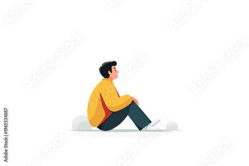 Young caucasian male sitting alone in thoughtful pose on white background