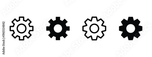 A collection of four gear icons presented in both outline and solid black styles for interface use isolated on white background, Vector, illustration