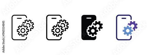 A set of four mobile phone icons featuring gear symbols representing system settings and control isolated on white background, Vector, illustration