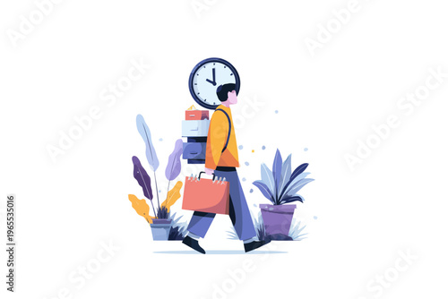 Asian young adult male walking with backpack past indoor plants and clock