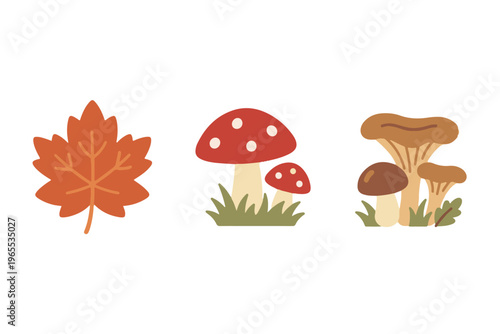 Flat Vector Autumn Elements Set, Cute Maple Leaf and Amanita Mushroom Characters Isolated on White Background