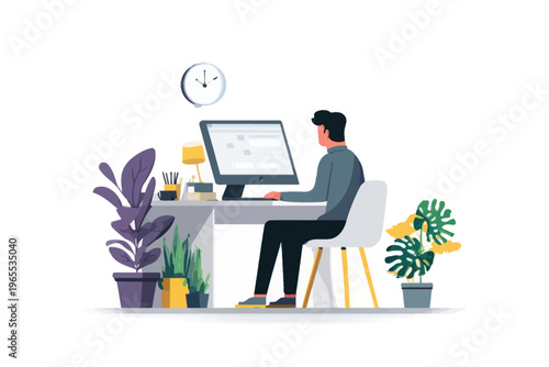 Young caucasian male working at desk with plants and clock in minimalist office setting