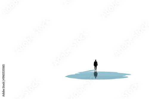 Solitary male silhouette standing on blue water in white minimalist space