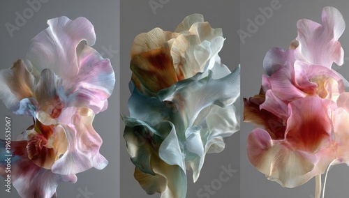 Three abstract flower arrangements, vibrant colors against gray. Petals appear soft and textured