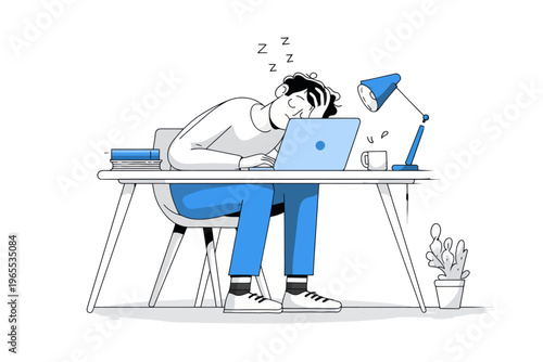 Young caucasian male exhausted at desk with laptop and lamp in minimalist workspace