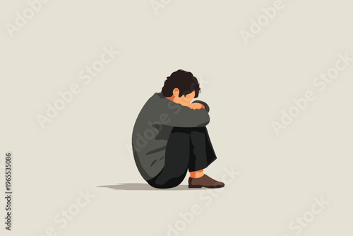 Young caucasian male depiction of sadness and isolation in minimalist illustration