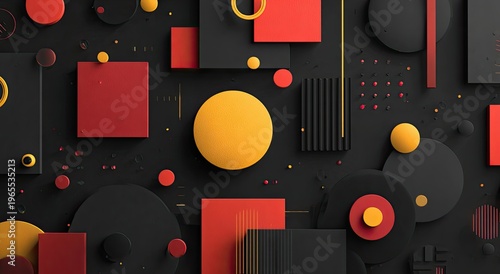 A geometric abstract composition featuring various shapes, colors, and shadows