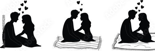 Romantic couple silhouette illustration collection, two people seated face-to-face with hearts above, intimacy and affection theme, vector art, black isolated bold design