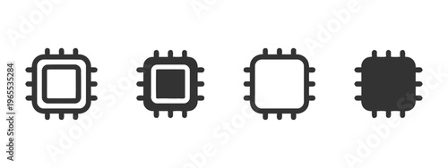 A set of four dark gray vector icons representing computer microchip processor hardware components isolated on white background, Vector, illustration