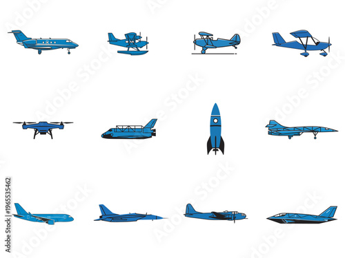 collection of diverse aircraft types in flight and static side view illustrations