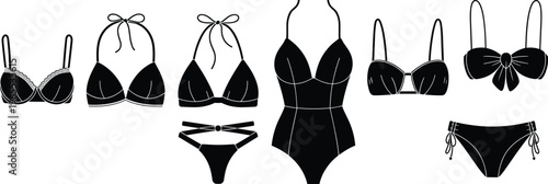Swimwear and lingerie silhouette illustration collection, bras, bikinis, halter tops, one-piece swimsuit, and tied bottoms, fashion apparel theme, vector art, black isolated bold design