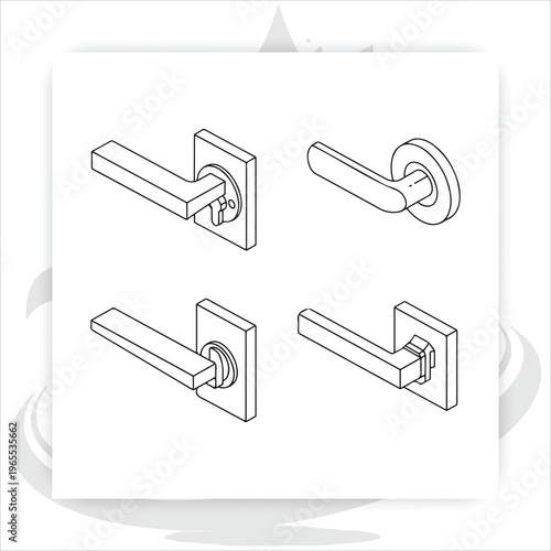 Modern Door Handle Design: A clean, minimalist illustration showcasing a selection of contemporary door handles, highlighting their sleek shapes and functionality.