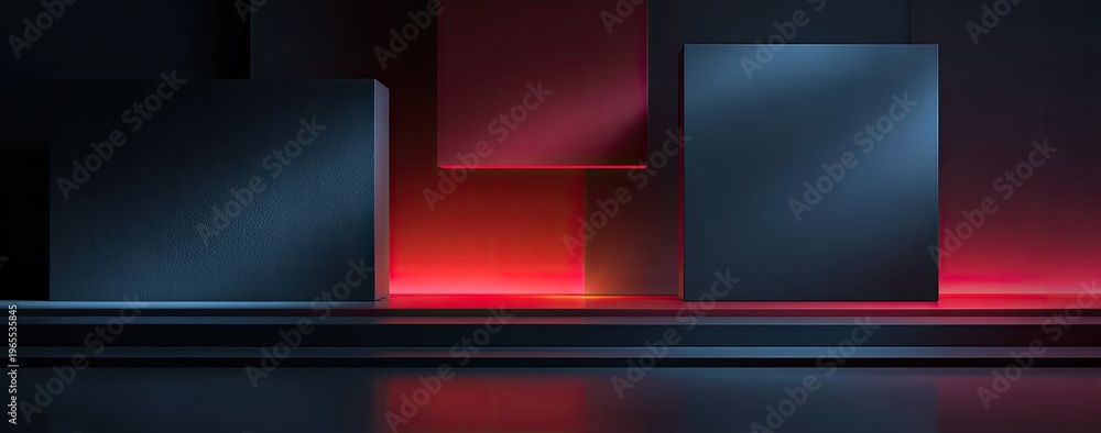 Fototapeta premium Dark, geometric composition featuring floating and grounded rectangular shapes with dual-color lighting