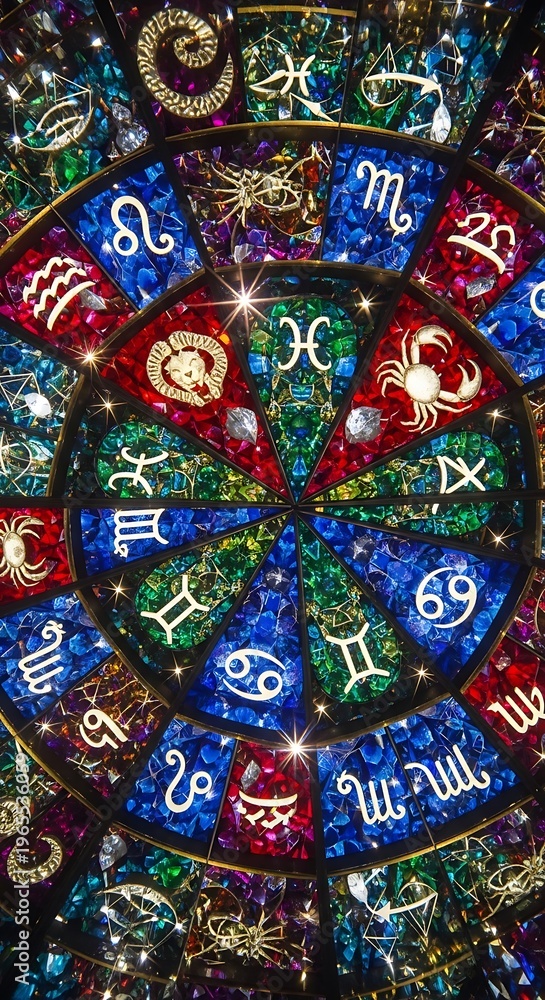 Fototapeta premium Zodiac Wheel - A Colorful Stained Glass Depiction of Astrological Signs.