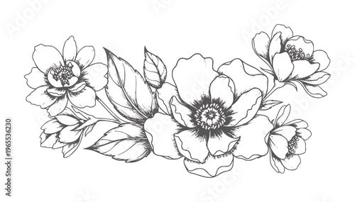 Black and white of a floral arrangement with blooming flowers and leaves