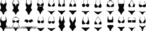 Swimwear silhouette illustration collection, women’s one-piece and bikini designs with varied straps and cuts, fashion apparel theme, vector art, black isolated bold design