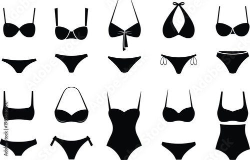 PrintSwimwear silhouette illustration collection, women’s bikinis and one-piece designs with varied straps, cuts, and styles, fashion apparel theme, vector art, black isolated bold design