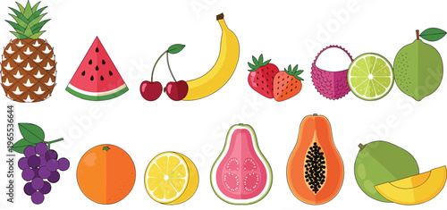 Flat Style Tropical and Citrus Fruits Vector Set Including Pineapple Watermelon Banana Papaya Dragon Fruit Grapes Lemon Orange and Exotic Fresh Collection