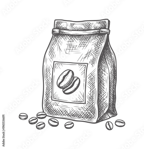 Hand drawn coffee bag with scattered beans food drink