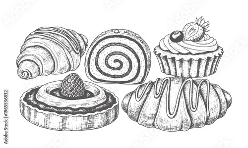 Hand drawn pastries including croissants tart cupcake and swirled bread pastry
