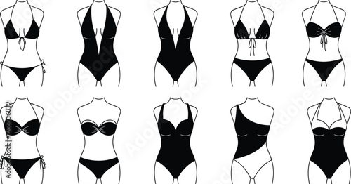 Swimwear silhouette illustration collection, women’s one-piece and bikini designs with varied straps, necklines, and cuts, fashion apparel theme, vector art, black isolated bold design