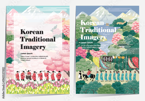 Joseon Dynasty Royal Guard Procession on Beautiful Korean Mountain Trail, Frame Template Set Vector Illustration