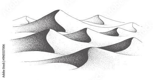 Stylized stippled desert sand dunes landscape monochrome