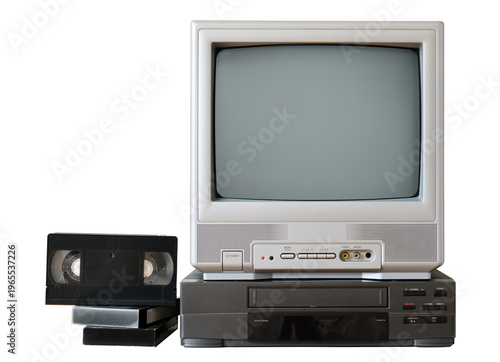 Cuadro en lienzo Vintage TV set with video player and VHS cassettes on white background