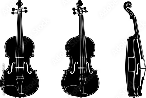 Set of three black silhouettes of violins isolated on a white background. Vector illustration.