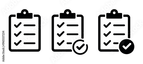 Clipboard icon set featuring checklist symbols for website and app design, task management, form completion, and productivity interface, vector illustration