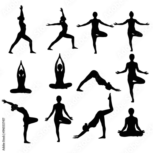 Collection of black silhouettes of women performing various yoga poses silhouette woman