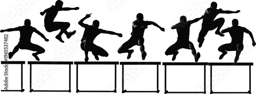 Black Silhouettes of People Jumping over Obstacle Course on White Background