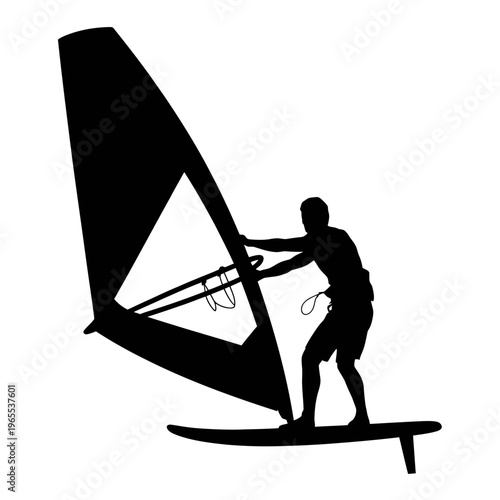 Man riding windsurfing board with sail on water sports equipment  action leisure activity
