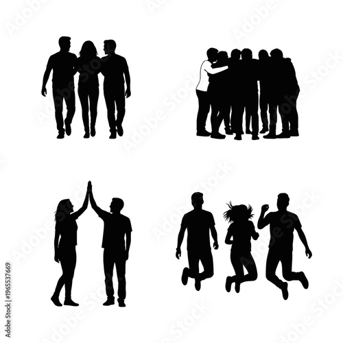 Silhouette illustrations of people in various social interactions and poses group friends