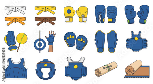 Martial Arts & Combat Sports Gear Collection: Belts, Gloves, Headgear, Chest Guards