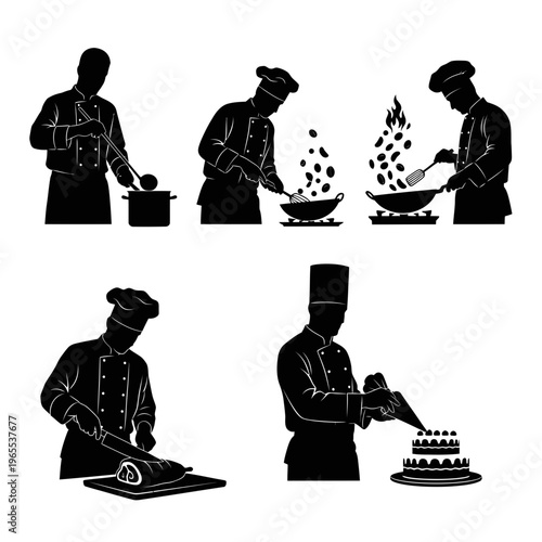 Silhouette chefs performing various cooking tasks in kitchen chef black white background