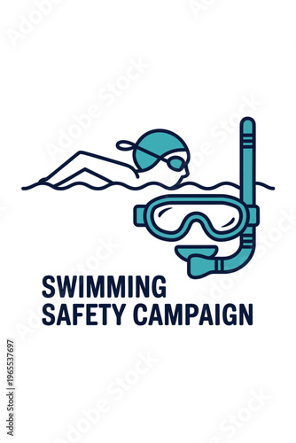 Swimming safety campaign logo with swimmer and snorkeling gear illustration