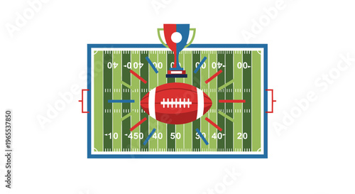 American Football Championship Trophy on Field with Ball and Yard Lines