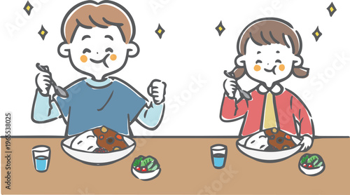 カレーライスを食べる子供　ベクター