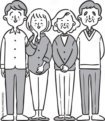 笑顔の二世帯家族　全身　ベクター（モノクロ）