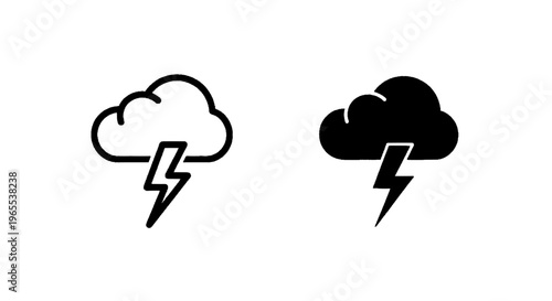 Vector illustration of thunderstorm weather icons, outline and solid style vector illustration on a transparent background